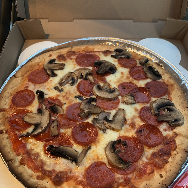 Pepperoni and mushroom pizza.