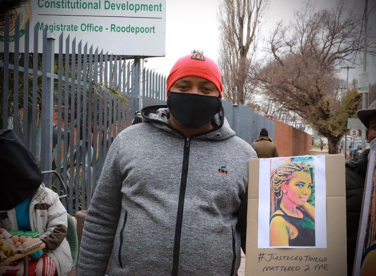 Tshepo Bodibe who was among the members of the community who saw Tshegofatso Pule’s body is seen outside the Roodepoort magistrate's court, on June 17 2020, where a man arrested in connection with her killing is expected to make his first appearance.