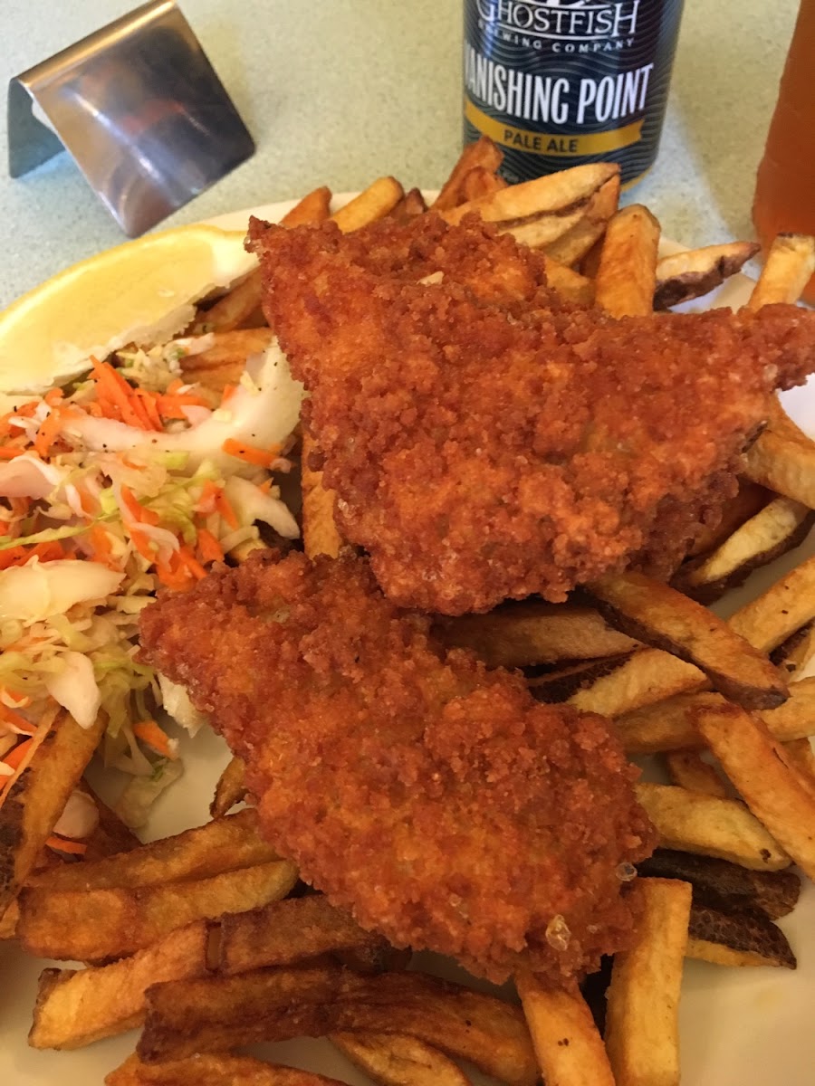 GF fish and chips and GF vanishing point pale ale.