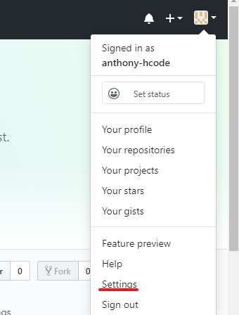 Opção de Configurações no site do GitHub
