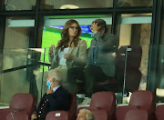 West Ham United cice-chairperson Karren Brady with her husband Paul Peschisolido in the stands during a Premier League match against Newcastle United at the London Stadium, in London, on September 12, 2020.