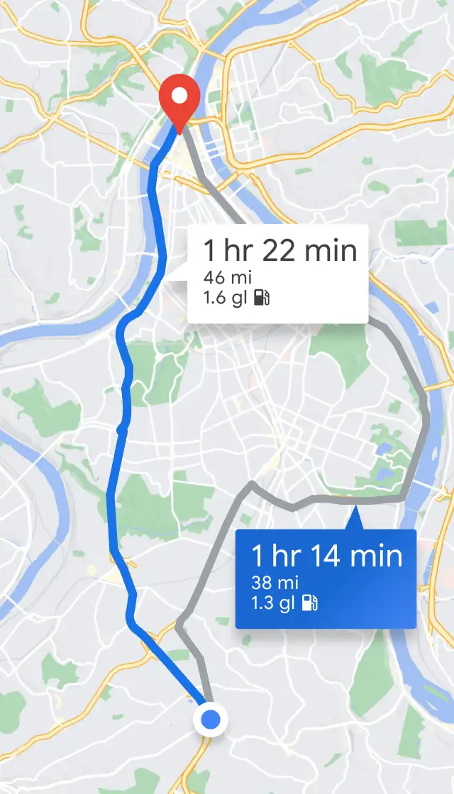 Map comparing fuel costs of two routes