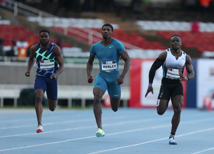 African 100m record holder Ferdinand Omanyala (R) in action with Olympic 100m silver medalist Fred Kerley and 200m silver medalist Kenneth Bednarek during the Kip Keino Classic at Moi Stadium, Kasarani