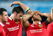 British and Irish Lions players Iain Henderson and team mate Jonathan Joseph react after losing to the Otago Highlanders at Forsyth Barr Stadium in Dunedin, New Zealand, on Tuesday 13 June 2017.