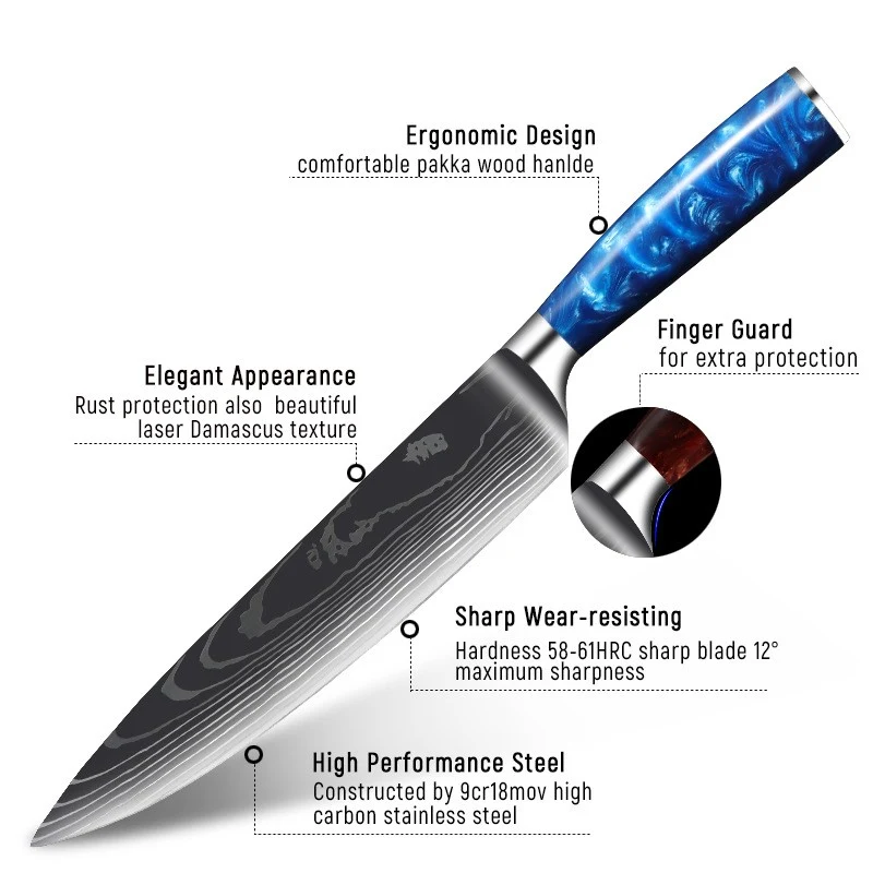 Stainless Steel Chef Knife with Blue Resin Handle. Achieve precision cutting, chopping, and slicing. A must-have for eve