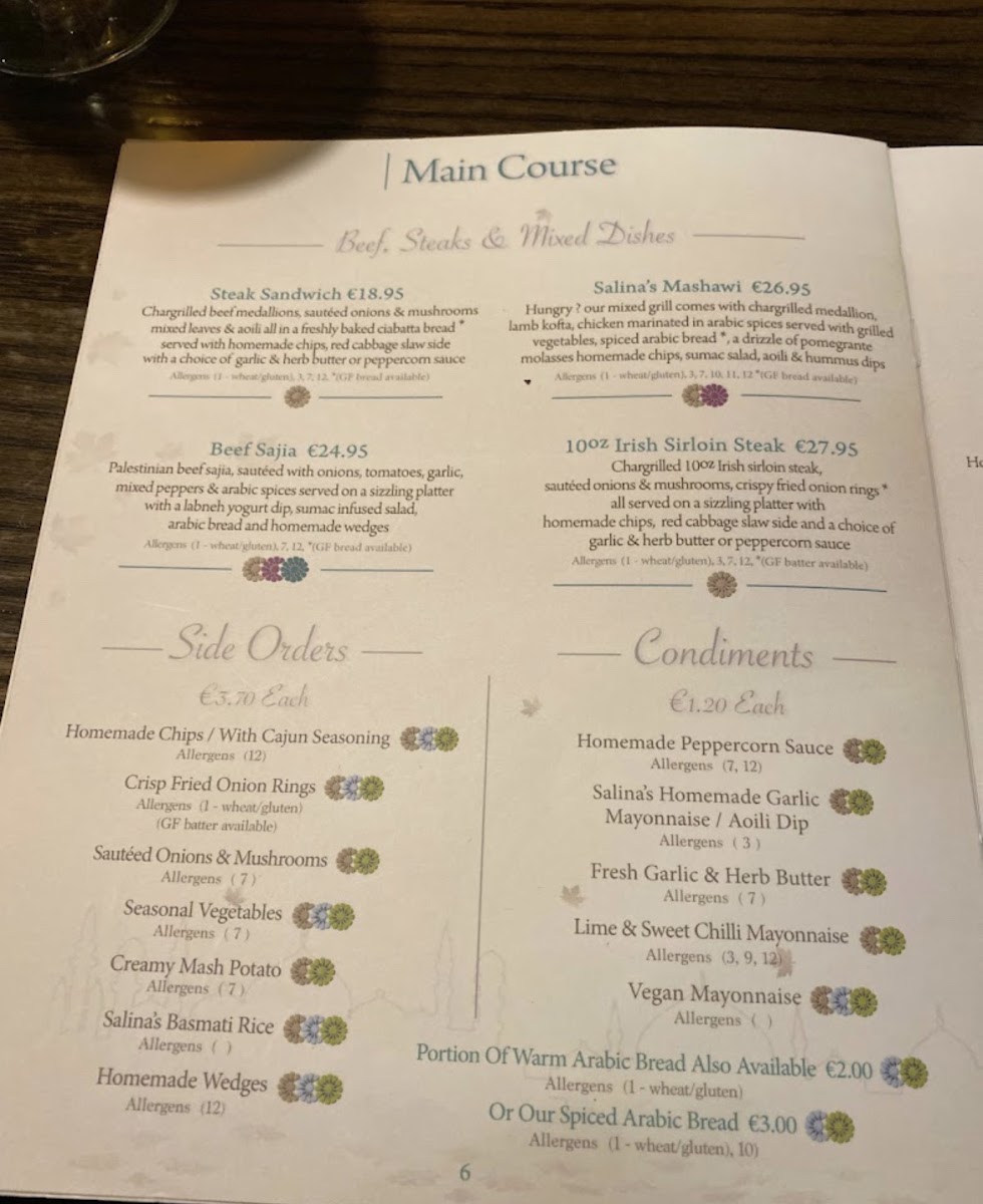 Salinas Bistro Midleton gluten-free menu