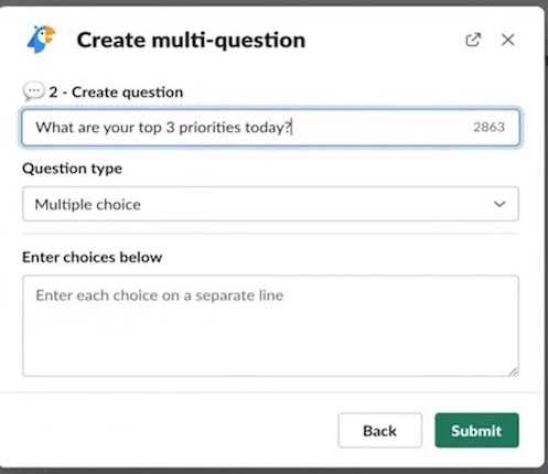Slack survey: screenshot of Polly Create a multi-question feature in Slack