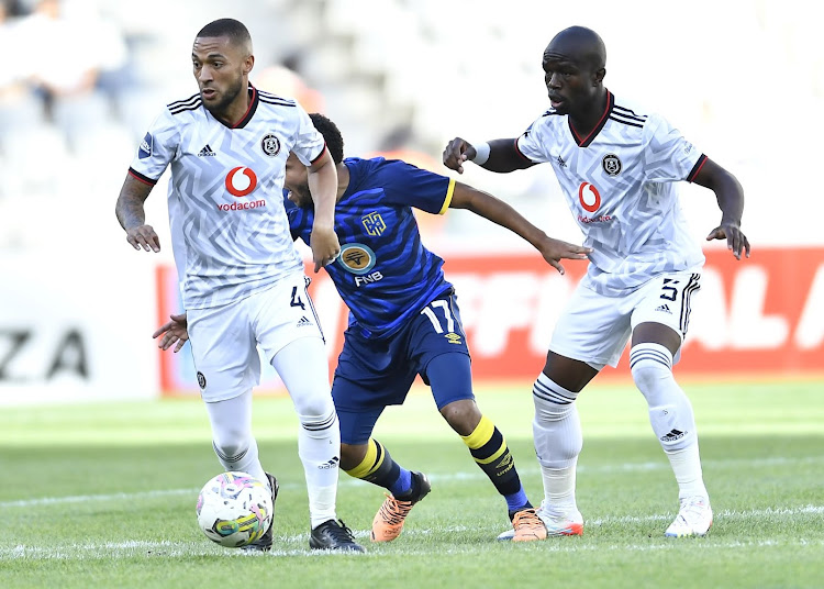 Orlando Pirates player Miguel Timm, Cape Town City's Juan Zapata and Pirates defender Nkosinathi Sibisi during the DStv Premiership match at DHL Stadium on January 07, 2023.