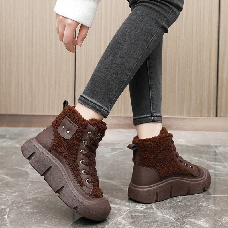 Damen Winter Warme Kaschmir Schneestiefel Schnürung High-Top Flache Schuhe Mode Street Campus Studenten Höhe erhöhen