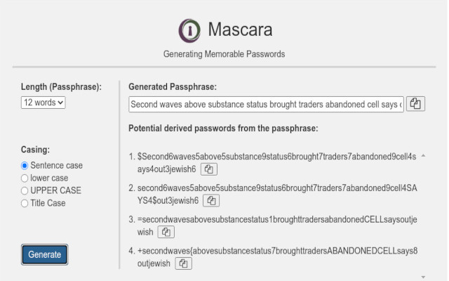 Mascara: Generating Memorable Passwords chrome extension