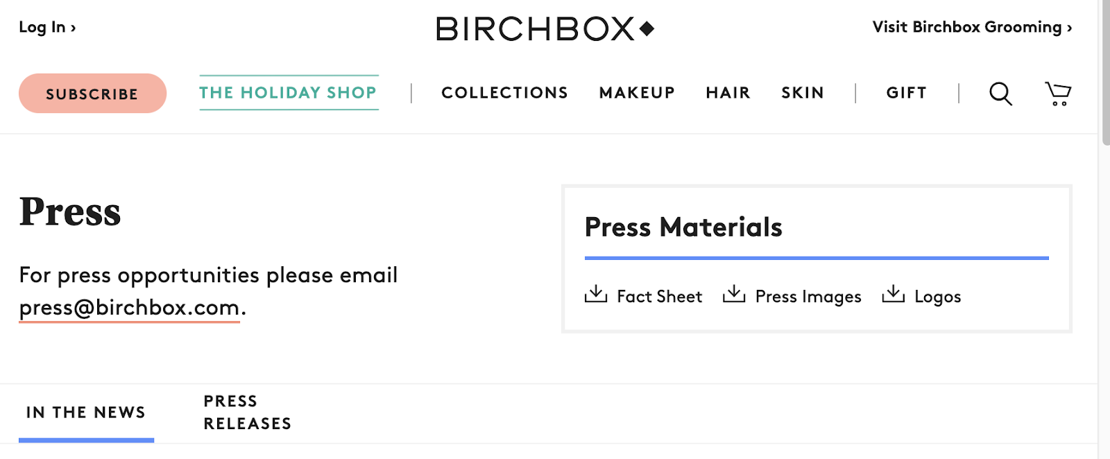 birchbox的媒体工具包主页