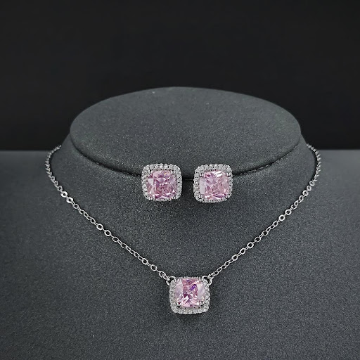 Title 3, Square Ornament Luxury Ear Stud Necklace Set. E...