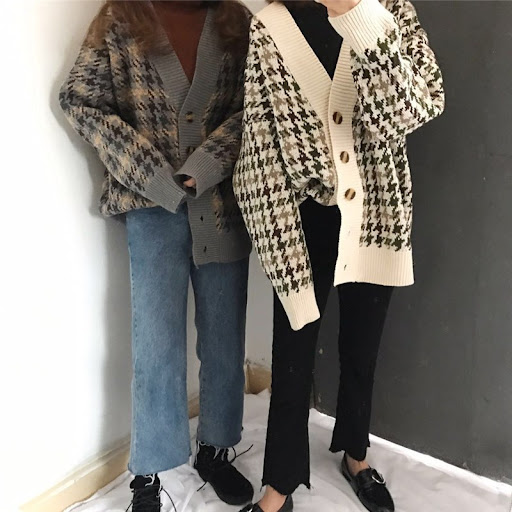 Title 2, Retro Cardigan Plaid Sweater Jacket Girl Studen...