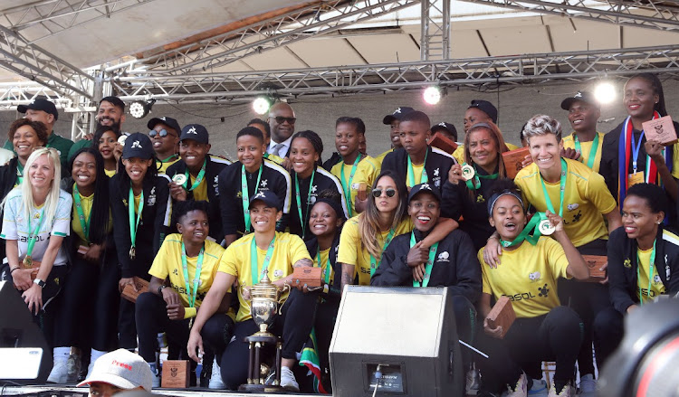 Banyana Banyana at a function to greet them at OR Tambo International Airport on their return from Morocco as champions of the 2022 Women's Africa Cup of Nations.