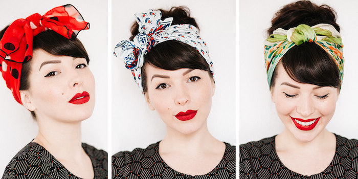 Bandana binden, coole Frisuren für den Alltag, Rockabilly Frisuren mit Bandana, roter Lippenstift und schwarzer Eyeliner 