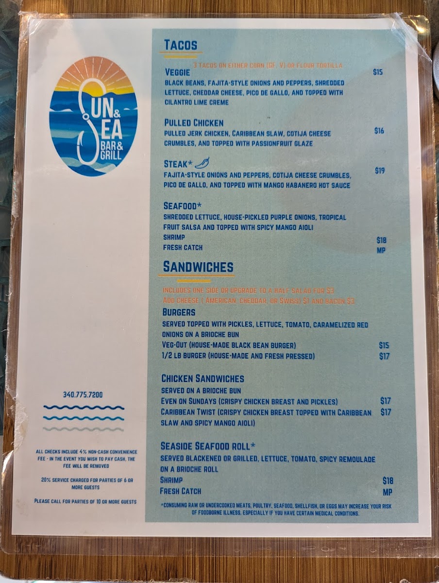 Sun and Sea Bar & Grill gluten-free menu