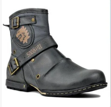 Botas de cuero retro europeas y americanas bordadas para hombre, con puntera redonda, calzado masculino ideal para estilo y confort.