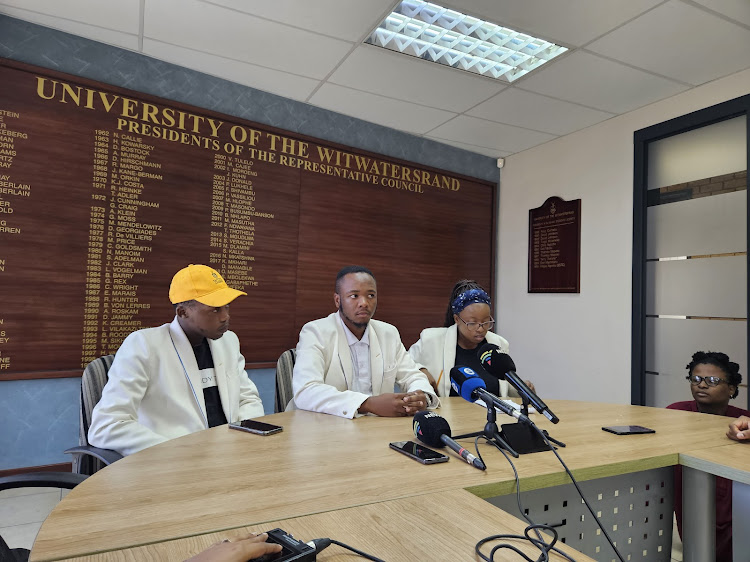 Wits SRC member Karabo Matloga, deputy president Kamogelo Mabe and secretary general Tshiamo Chuma briefed the media on delaying student protests for 24 hours. Picture: RORISANG KGOSANA.