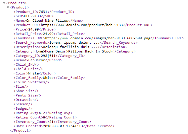 example of XML data that stores product details