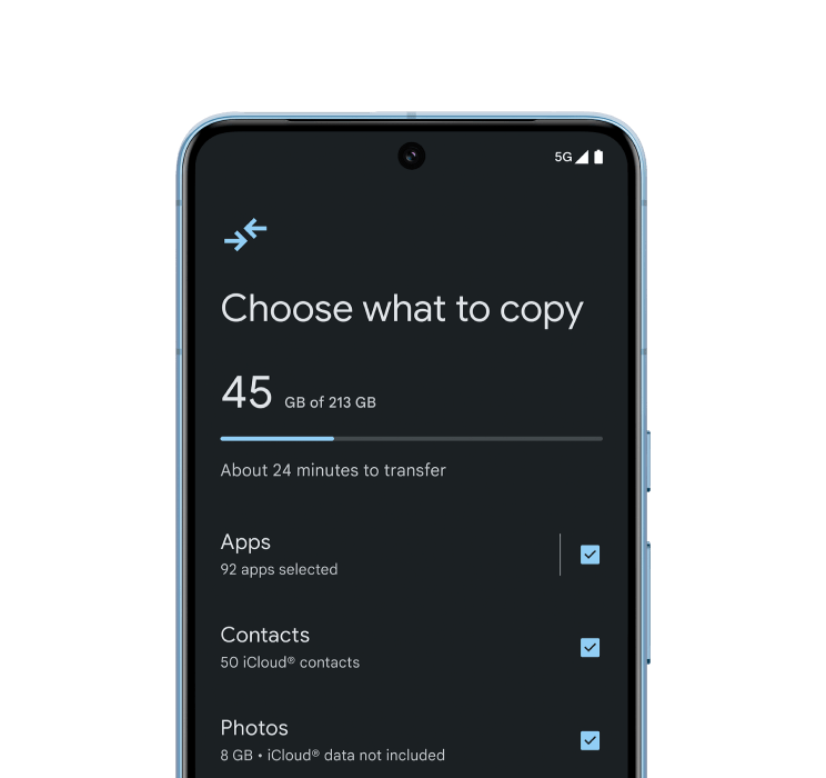 Pixel 8 Pro показывает экран, помогающий переключателям выбирать, какие приложения, контакты и фотографии копировать на свой новый телефон Pixel.