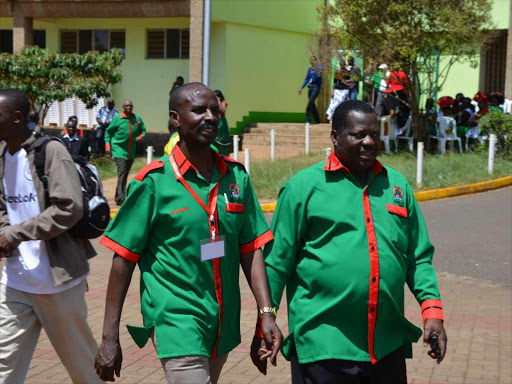 Arrival: KNUT secretary General Wilson Sossion with KNUT chairman Mudzo Nzili arrives at Safaricom stadium,Kasarani yesterday ahead of Tuesday by-election.