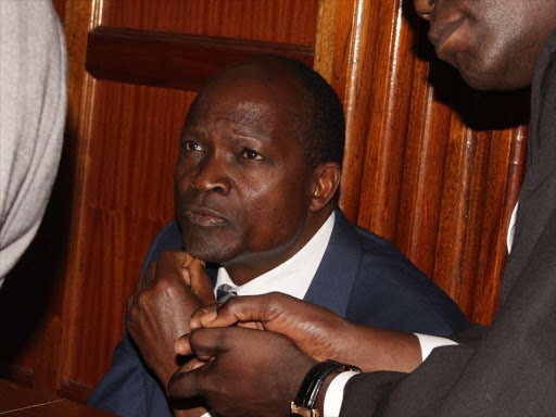 Migori Governor Okoth Obado at a Milimani court on Monday, September 24 where he was charged with the murder of 26-year-old Rongo University student Sharon Otieno. /COLLINS KWEYU