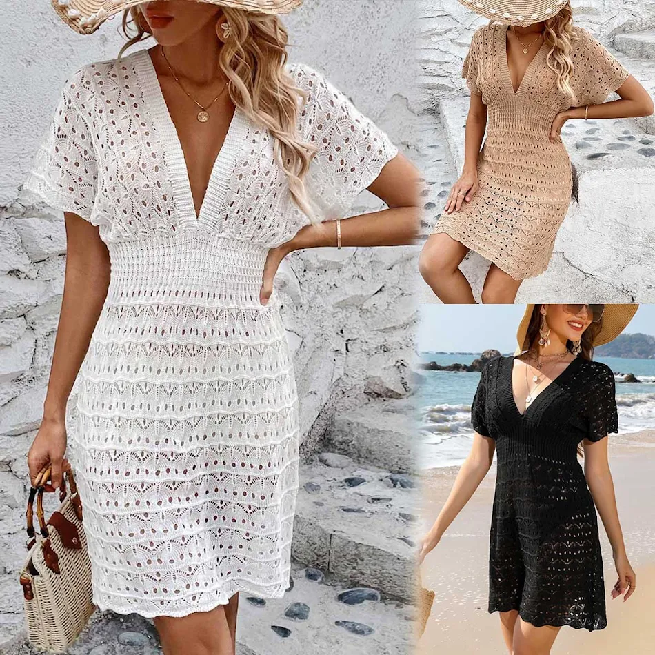 Robe de plage à col en V profond, motif vagues et ajouré, idéale pour un look estival et aéré, parfaite pour la plage.