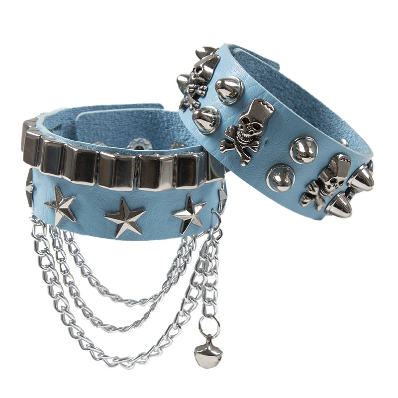 Title 3, Punk Leder Armband mit Totenkopf, Nieten, Penta...