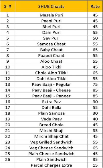 Shub Food's menu 