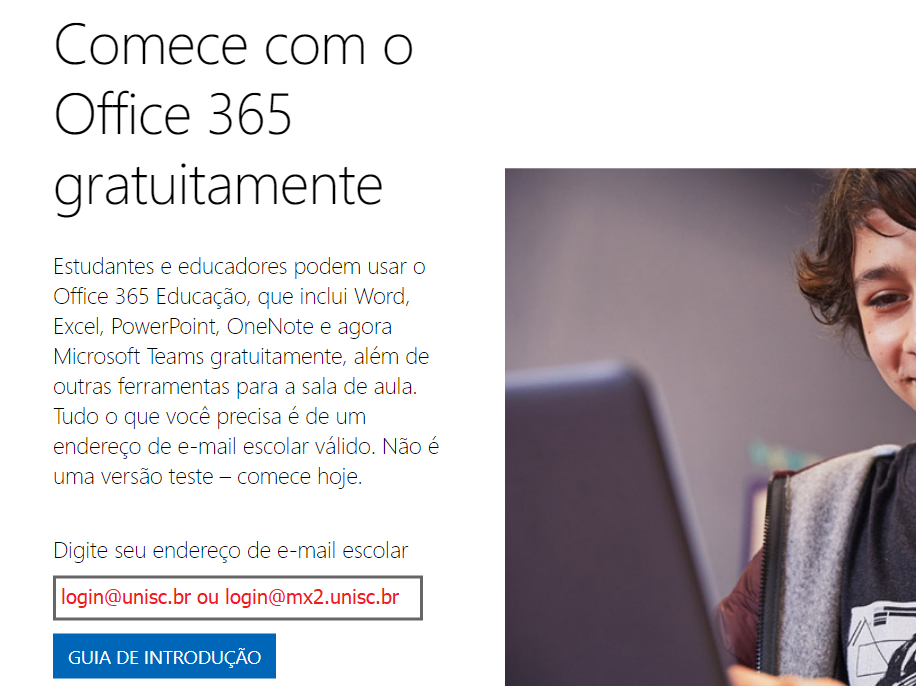 Guia de Acesso ao Microsoft Office 365 para Alunos, Professores e  Funcionários