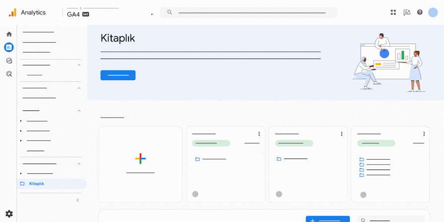 GA4'te bir raporu bir mülkten diğerine kopyalama adımlarını gösteren animasyon.