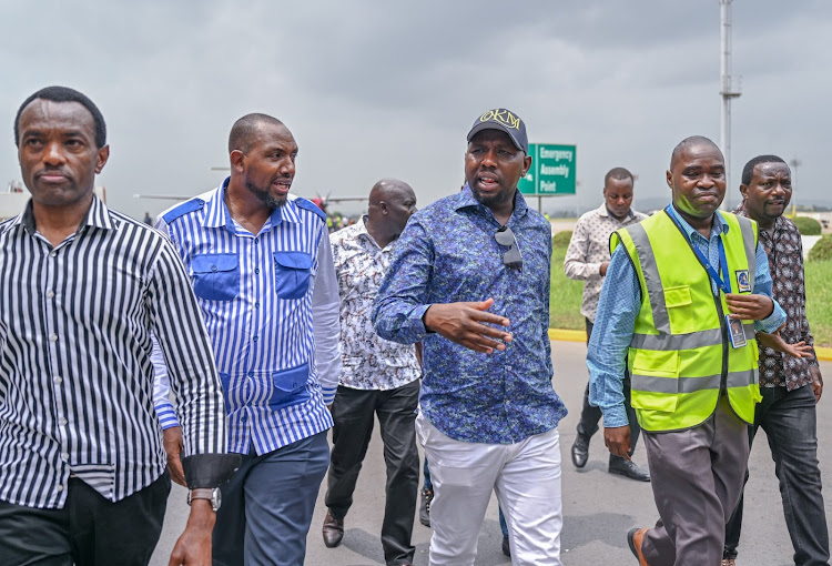 Transport CS Kipchumba Murkomen at the Moi International Airport, Mombasa to welcome the maiden Flydubai direct flight, January 17, 2024.