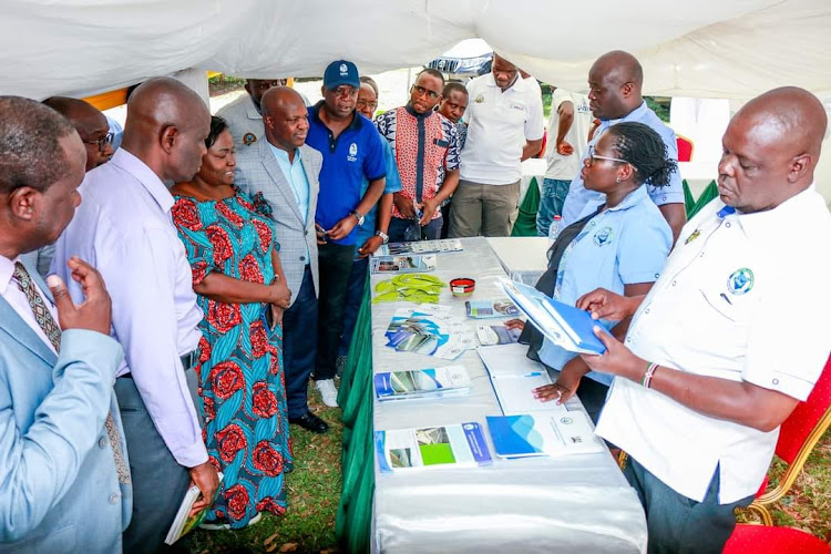 Kisumu Deputy Governor Mathews Owili (fifth left), Kisumu Water executive Marylene Agwa and Kiwasco managing director Thomas Odongo at Lake Victoria South Water Works Development Agency during the World Water Day celebrations at the Agriculture Training Centre on Friday, March 22, 2024.