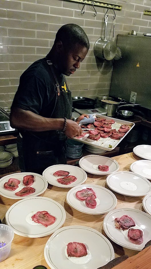 Langbaan Chefs Who Inspire Dinner with Edouardo Jordan of Salare and Junebaby, a collaboration with Chef Earl Ninsom of Langbaan to benefit Farestart. Beef Tongue with lettuces, flowers, and buttermilk dressing</strong>. Paired with Marc Bredif Classic Vouvray from Loire France, 2016