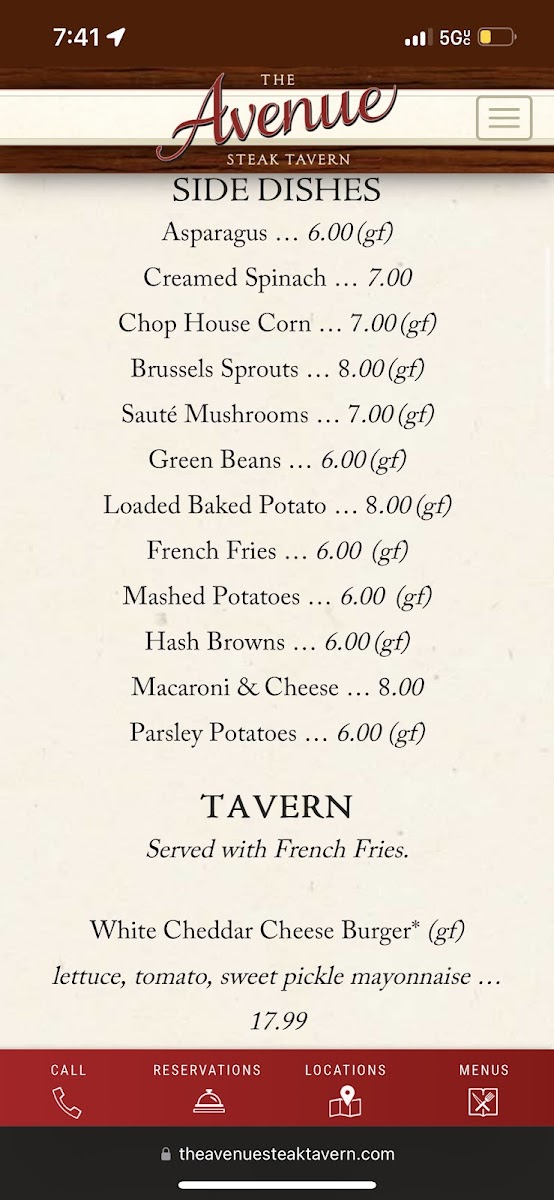 The Avenue Steak Tavern gluten-free menu