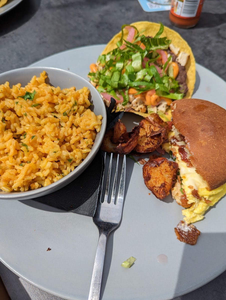 GF breakfast sandwich and tostados