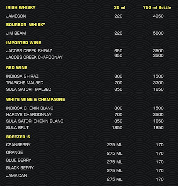 Sky Lounge menu 