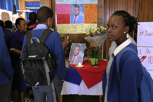 Fellow pupils and relatives attended Kulani Mathebula's memorial service at Mondeor High School in southern Johannesburg.