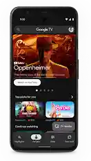 Un teléfono móvil con la aplicación Google TV en la pantalla.
