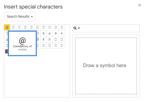 searching for At symbol in special characters window