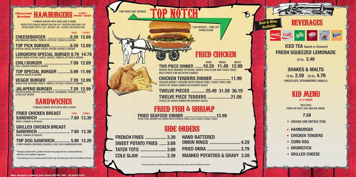 Top Notch Hamburgers gluten-free menu