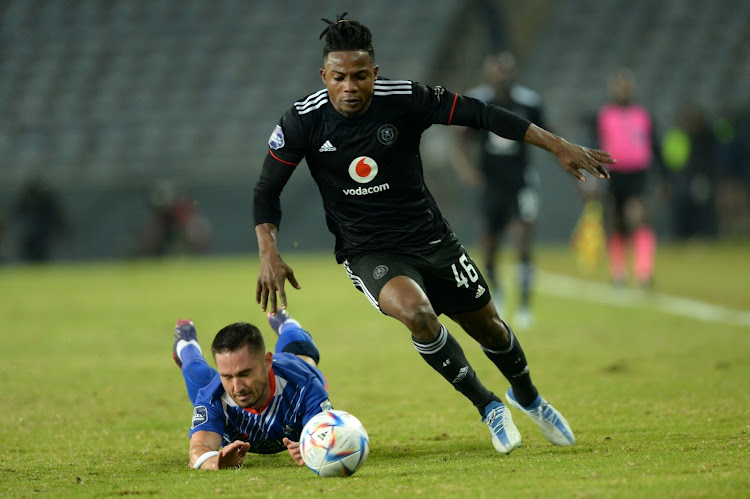 FILE IMAGE: Orlando Pirates striker Kwame Peprah and Ryan Rae of Maritzburg United during the DStv Premiership match at Orlando Stadium on May 24 2022.