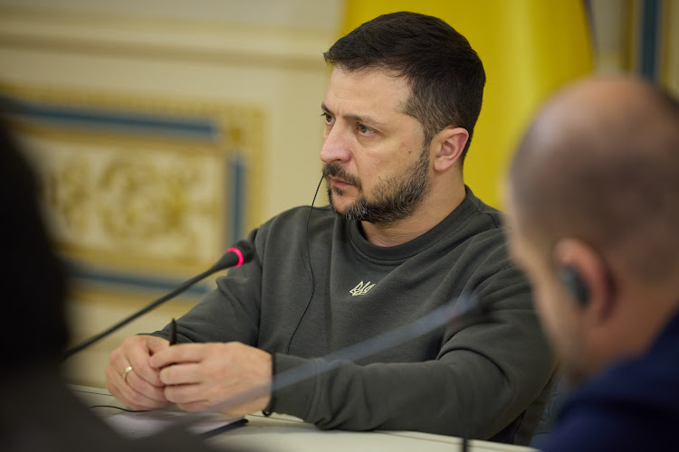 Ukraine President Volodymyr Zelensky during a meeting with journalists from 10 African countries in Kyiv.