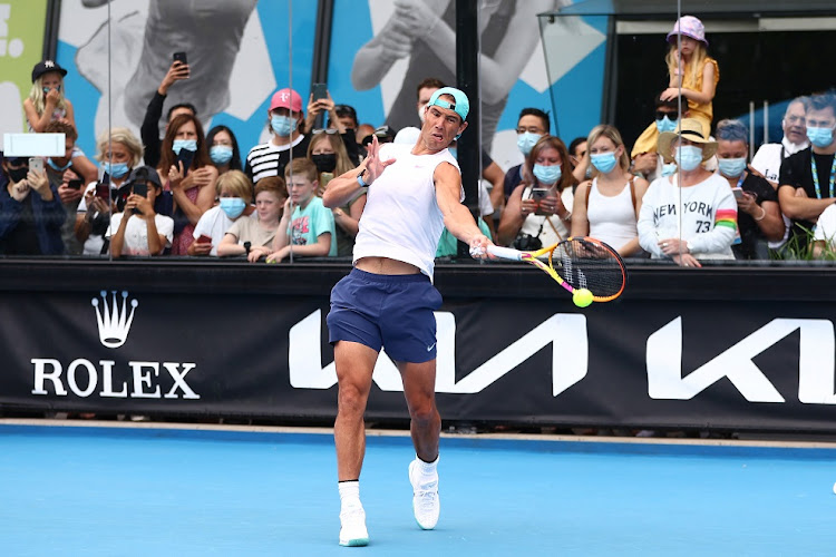 Rafael Nadal of Spain plays a forehand during a practice session at Melbourne Park on January 29 2022 ahead of the 2022 Australian Open final.