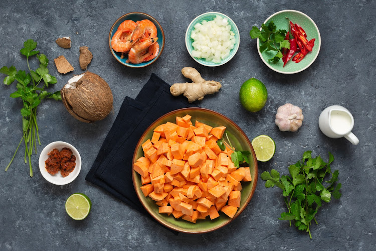 All the ingredients you need to make a creamy coconut butternut soup.