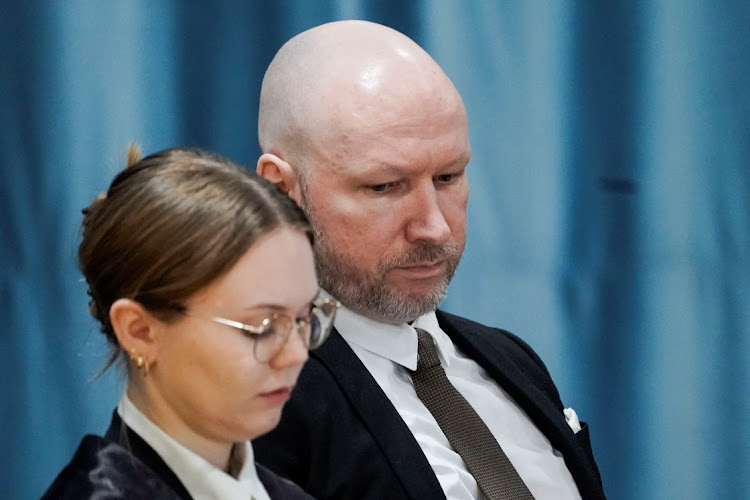 Anders Behring Breivik and attorney Marte Lindholm attend a court hearing at Ringerike prison, in Tyristrand, Norway, on January 8 2024. Picture: CORNELIUS POPPE/NTB via REUTERS