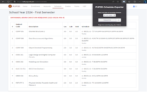 PUPSIS Schedule Exporter