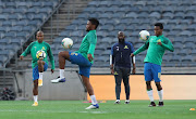 Sundowns players warming up during the Absa Premiership match between Kaizer Chiefs and Mamelodi Sundowns at Orlando Stadium on August 27, 2020 in Johannesburg, South Africa. 