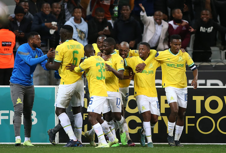 Mamelodi Sundons players celebrate with Aubrey Modiba after he scored the opener against Cape Town City at Cape Town Stadium in Cape Town on 05 August 2022.