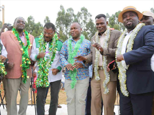 Senators Henry Ndiema and Moses wetangula, Kiminini MP Chris Wamalwa, former Sikhendu MCA Andrew Kutitila and Motosiet MCA Bernard Cool dance at Milimani during the homecoming celebrations for Nominated MCA Margaret Wanjala, January 13, 2018. /Nicholas Wamalwa